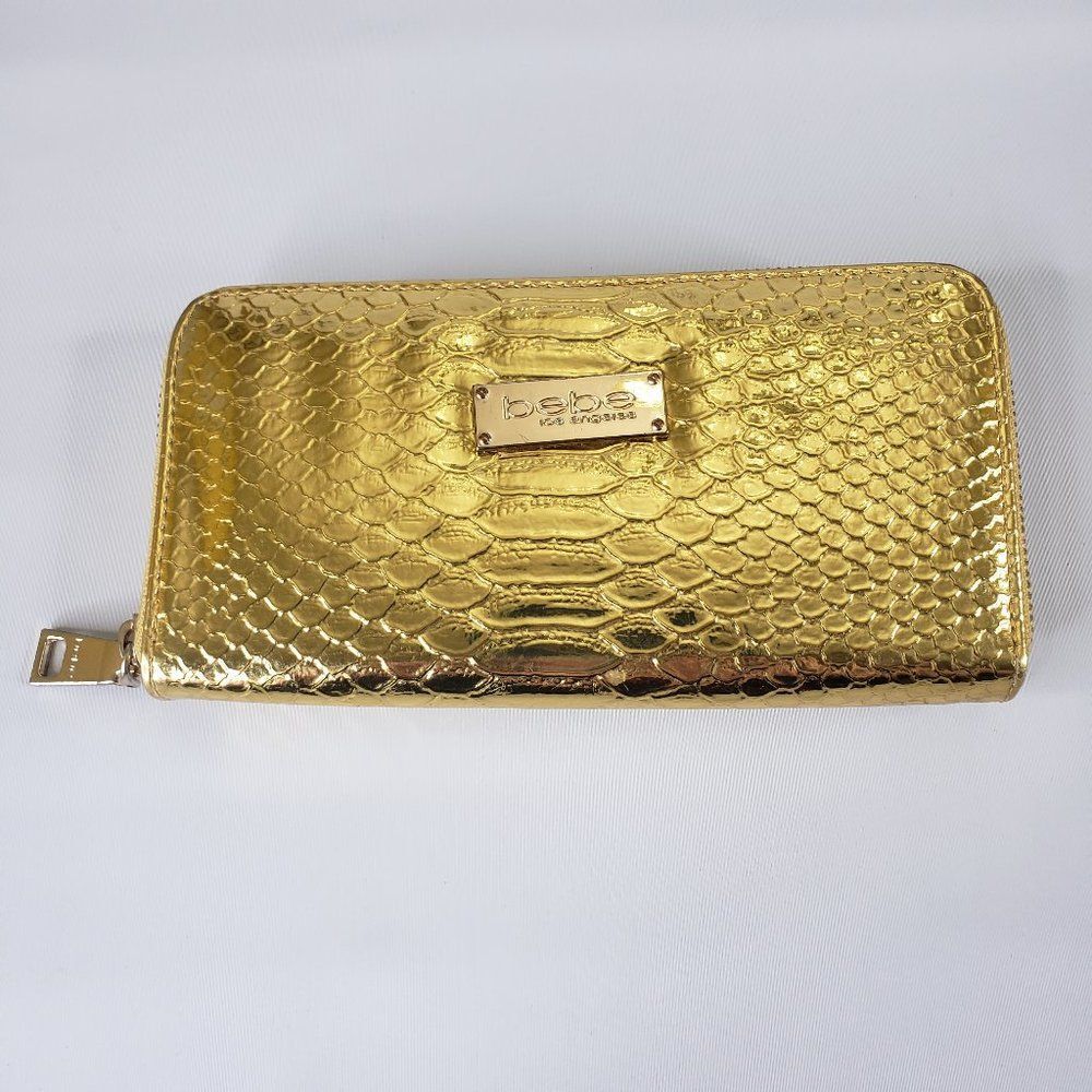 Bebe Snakeskin Embossed Shiny Gold Wallet